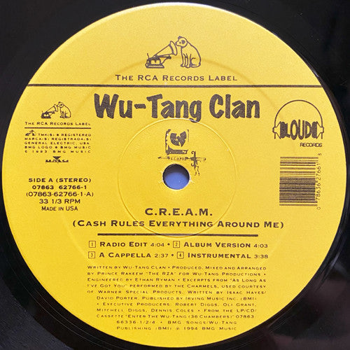 Image of Label Cover of 12" - VG+/VG+ - WU-TANG CLAN, C.R.E.A.M. (Loud; 07863-62766-1, US 1994, Picture Sleeve, Yellow label), Cover still in opened shrink. Very minor edge wear. Some pressing dimples on disc.,  - 3746411S