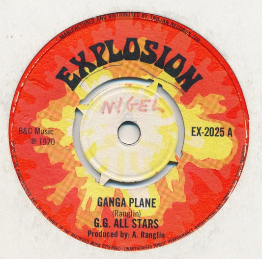 Image of Front Cover of 2114464C: 7" - G.G. ALL STARS, Ganga Plane (Explosion; EX-2025, UK 1970, 4-Prong Centre) Covered in marks and scuffs, plays through ok. Centre intact, SWOL.  /G