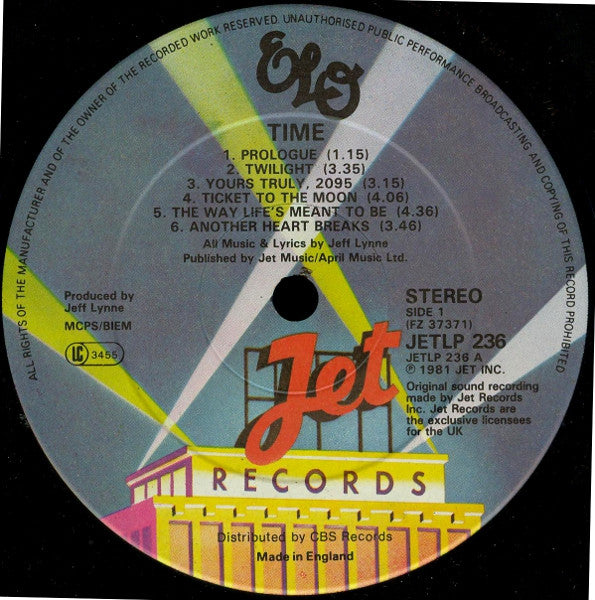 Image of Label Cover of LP - VG/VG+ - ELO, Time (Jet Records; JETLP 236, UK 1981, Inner), ,  - 2316461C