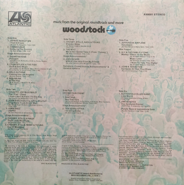 Image of Back Cover of 3xLP - VG+/VG+ - VARIOUS, Woodstock - Music From The Original Soundtrack And More (Atlantic Orange & Green - With WB Logo On Label Rim; K60001, UK 1970s Reissue, Triple Gatefold, No "STRAWBERRY"In  Run Outs), ,  - 4026184E