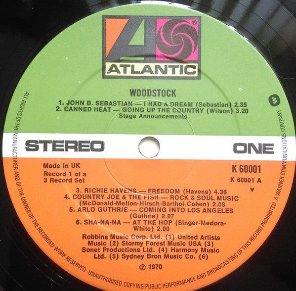 Image of Label Cover of 3xLP - VG+/VG+ - VARIOUS, Woodstock - Music From The Original Soundtrack And More (Atlantic Orange & Green - With WB Logo On Label Rim; K60001, UK 1970s Reissue, Triple Gatefold, No "STRAWBERRY"In  Run Outs), ,  - 4026184E