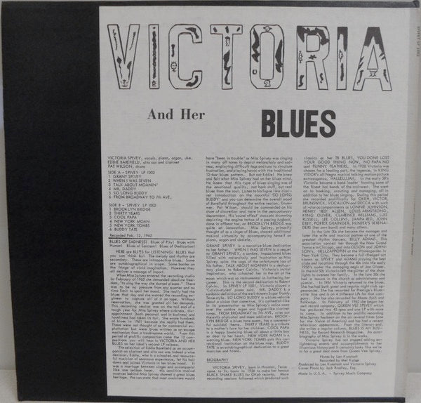 Image of Back Cover of 2214059C: LP - VICTORIA SPIVEY, Victoria And Her Blues (Spivey Records; LP-1002, US 1962) Fogging to disc.  VG+/VG