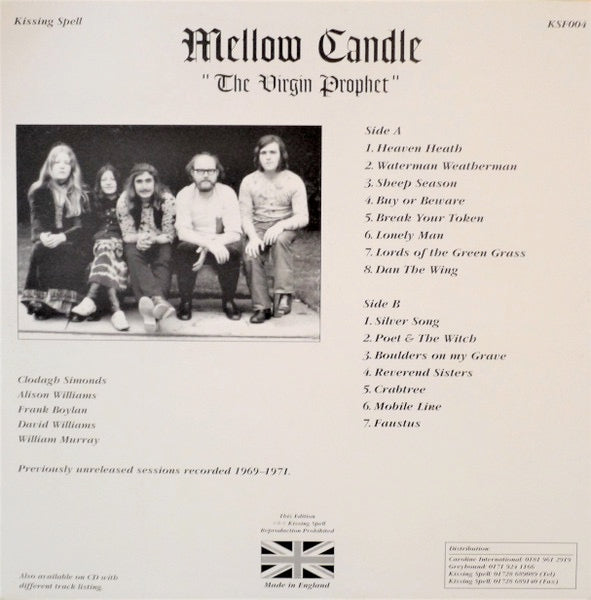 Image of Back Cover of 2214084C: LP - MELLOW CANDLE, The Virgin Prophet (Kissing Spell; KSF004, UK 1994) Sticker damage and seam split to sleeve.  G+/VG+