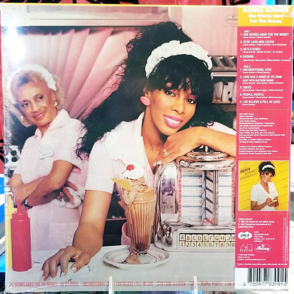 Image of Back Cover of 2244086S: LP - DONNA SUMMER, She Works Hard For The Money (Lmlr; 783 091, France 2020, Inner, Yellow Vinyl, OBI Strip)   VG+/VG+