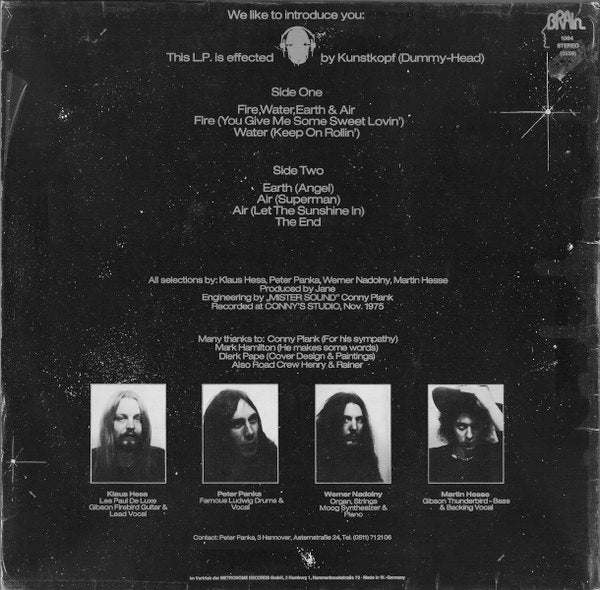 Image of Back Cover of 2214070C: LP - JANE, Fire, Water, Earth & Air (Brain; 0001 084, Germany 1977 Reissue, Gatefold)   VG/VG+