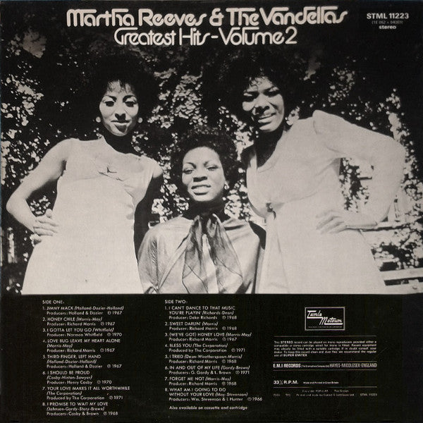 Image of Back Cover of LP - VG/VG+ - MARTHA REEVES AND THE VANDELLAS, Greatest Hits Vol 2 (Tamla Motown; STML11223, UK 1973, Laminated Sleeve), Light wear to edge of the sleeve. ,  - 3846123S