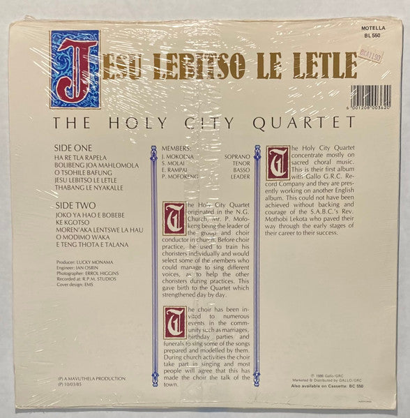 Image of Back Cover of 2224196E: LP - THE HOLY CITY QUARTET, Jesu Lebitso Le Letle (Motella; BL 550, South Africa 1986)   VG+/VG+