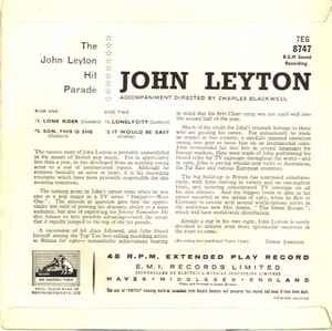 Image of Back Cover of 2214134C: 7" EP - JOHN LEYTON, The John Leyton Hit Parade (His Master's Voice; 7EG 8747, UK 1960s Reissue, Laminated Flipback Sleeve, 2nd Press) Nice but slightly dished, date stamped on rear of sleeve.  VG+/VG+