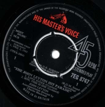 Image of Label Cover of 2214134C: 7" EP - JOHN LEYTON, The John Leyton Hit Parade (His Master's Voice; 7EG 8747, UK 1960s Reissue, Laminated Flipback Sleeve, 2nd Press) Nice but slightly dished, date stamped on rear of sleeve.  VG+/VG+