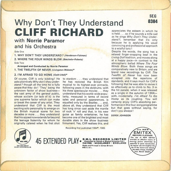 Image of Back Cover of 2214231C: 7" EP - CLIFF RICHARD, Why Don't They Understand (Columbia; SEG 8384, UK 1965, Laminated Flipback Sleeve, Mono) Date stamped and one track time written on rear of sleeve.  VG/VG