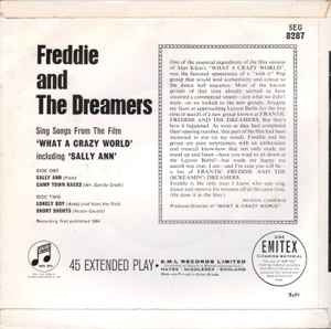 Image of Back Cover of 2214235C: 7" EP - FREDDIE AND THE DREAMERS, Songs From The Film 'What A Crazy World' Including Sally Ann (Columbia; SEG 8287, UK 1964, Laminated Flipback Sleeve, Mono) Sleeve creased, date stamp on rear.  VG/VG+