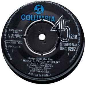 Image of Label Cover of 2214235C: 7" EP - FREDDIE AND THE DREAMERS, Songs From The Film 'What A Crazy World' Including Sally Ann (Columbia; SEG 8287, UK 1964, Laminated Flipback Sleeve, Mono) Sleeve creased, date stamp on rear.  VG/VG+