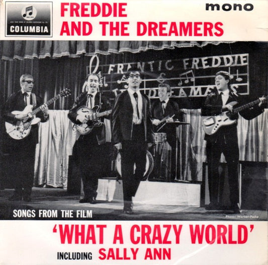 Image of Front Cover of 2214235C: 7" EP - FREDDIE AND THE DREAMERS, Songs From The Film 'What A Crazy World' Including Sally Ann (Columbia; SEG 8287, UK 1964, Laminated Flipback Sleeve, Mono) Sleeve creased, date stamp on rear.  VG/VG+