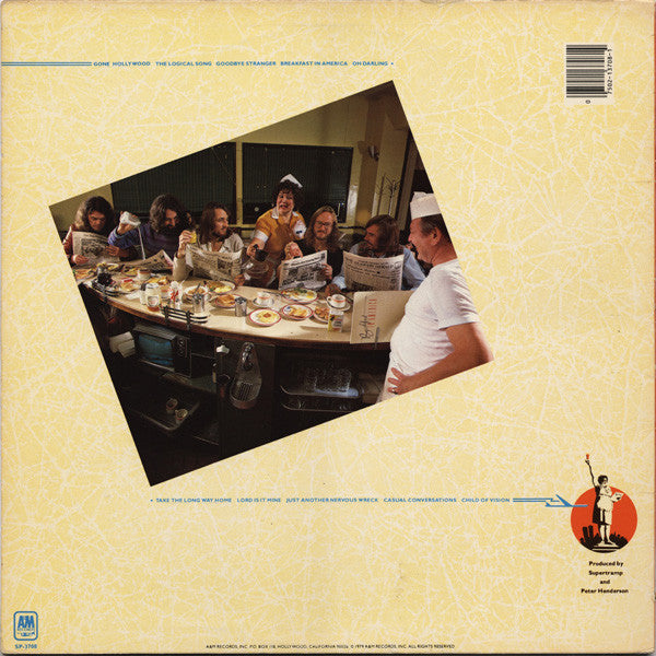 Image of Back Cover of LP - VG/VG - SUPERTRAMP, Breakfast In America (A&M Records; SP-3708, US 1979, Thick Card Sleeve With Orange Inside, Inner, Trumpet Stamp in Run out), Hairlines. Writing on sleeve, ring and edge wear, creasing. Seam split to inner.,  - 3846353S