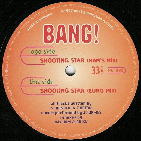 Image of Front Cover of 2244205S: 12" - BANG!, Shooting Star (Next Generation Records; NG 008, UK 1997, Company Sleeve) Groovewear, close to VG  G+/G+