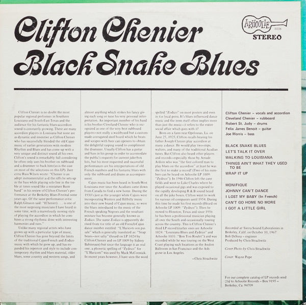 Image of Back Cover of 2214422C: LP - CLIFTON CHENIER, Black Snake Blues (Arhoolie Records; 1038, US 1967) Record very lightly fogged. Sleeve has some light edge wear  VG+/VG+