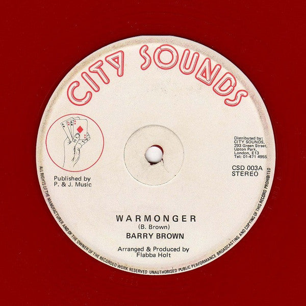 Image of Front Cover of 2224375E: 12" - BARRY BROWN / THE ROOTS RADICS BAND, Warmonger / Radical Style (City Sounds; CSD 003, UK 1981, Red Vinyl) Covered in light marks and scuffs, plays above grade. WOL.  /G+