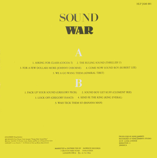 Image of Back Cover of 2224422E: LP - VARIOUS ARTISTS, Sound War Phase One (Jammy's Records; HLP/JAM 001, UK 1980s)   VG/G+