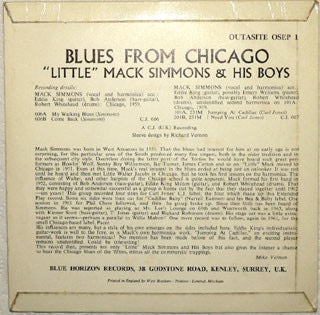 Image of Back Cover of 2214425C: 7" EP - "LITTLE" MACK SIMMONS & HIS BOYS, Blues From Chicago (Outasite; OSEP 1, UK 1967, Flipback Sleeve, Solid Centre) This is the solid centre pressing (not push-out) with different matrixes in run-out (VER 136 EP / VER 137 EP). Record lightly fogged on A-side. 'SAMPLE NOT FOR SALE' stamps on labels and rear sleeve  VG+/VG