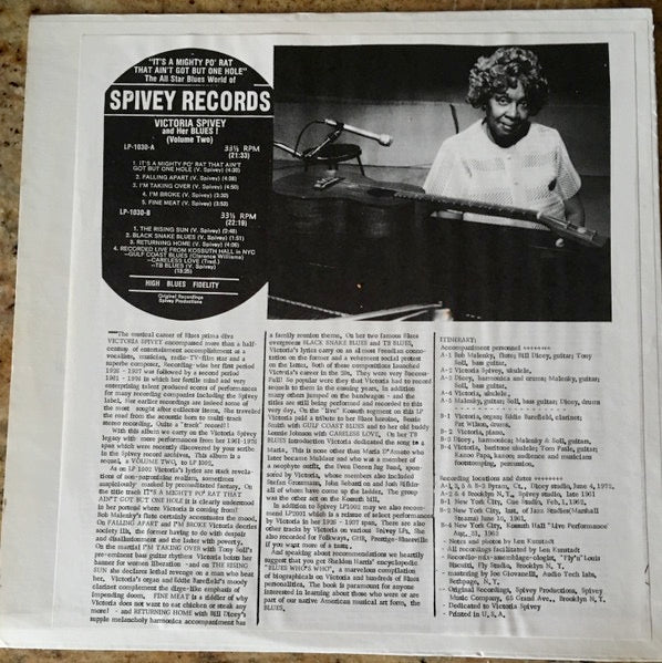 Image of Back Cover of 2214434C: LP - VICTORIA SPIVEY, Victoria And Her Blues (Volume Two) (Spivey Records; LP-1030, US )   VG/VG