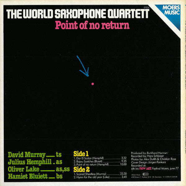 Image of Back Cover of 2244284S: LP - THE WORLD SAXOPHONE QUARTETT, Point Of No Return (Moers Music; Moers Music 01034, Germany 1977)   VG+/VG+