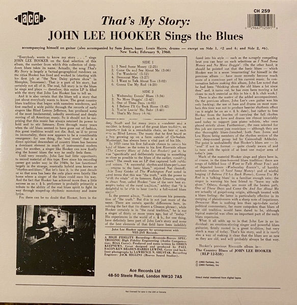 Image of Back Cover of LP - VG/G+ - JOHN LEE HOOKER, That's My Story John Lee Hooker Sings The Blues (Ace; CH 259, Europe 1980s Reissue), Stain and bumped corner on sleeve. Light edge wear,  - 2416503C