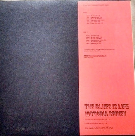 Image of Back Cover of 2214463C: LP - VICTORIA SPIVEY, The Blues Is Life (Folkways Records; FS 3541, US 1976, Folkways style sleeve) Mainly just storage marks on record. Spine discoloured and worn / damaged in a few places  VG/VG