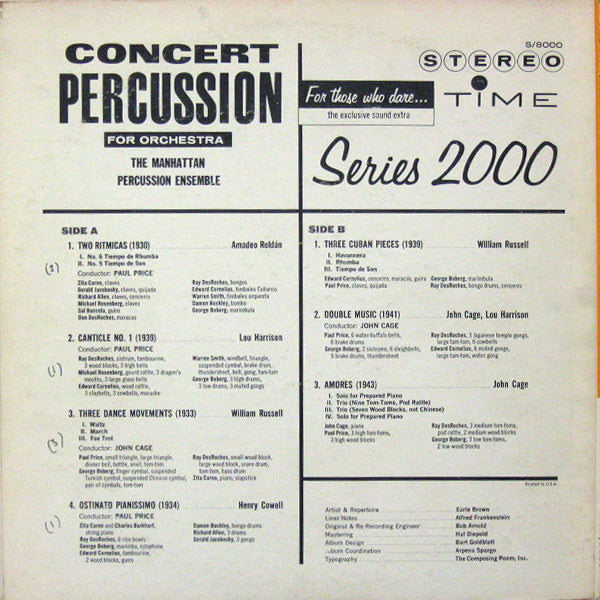 Image of Back Cover of 2224436E: LP - VARIOUS, Concert Percussion For Orchestra (Time Records; S/8000, US 1961, Gatefold)   VG+/VG