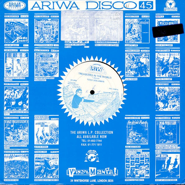 Image of Front Cover of 2214473C: 12" - TONY BENJAMIN, Treasures In The World / Physicological Pen (Ariwa; ARI 1008, UK 1980s, Company Sleeve) Covered in marks and scuffs, groove wear. Plays above grade, crackle throughout, no skips or jumps. WOL. In company sleeve, quite worn.  VG/G