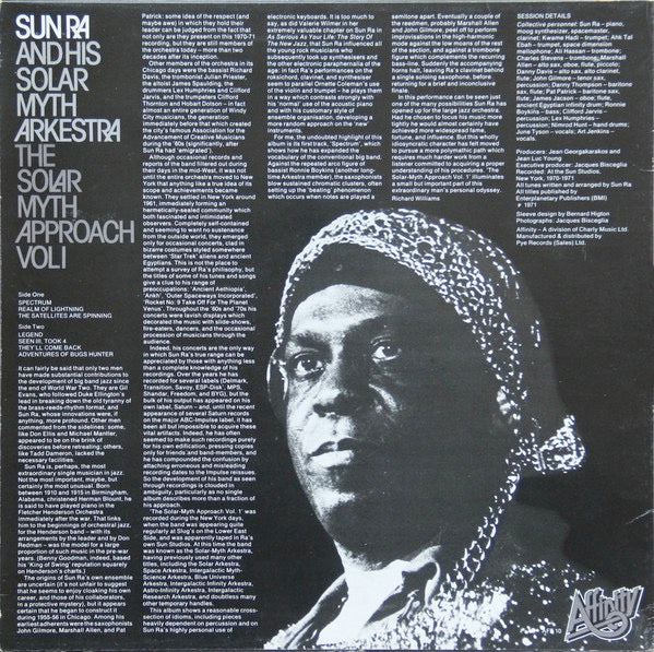 Image of Back Cover of 2214470C: LP - SUN RA & HIS SOLAR-MYTH ARKESTRA, The Solar-Myth Approach (Vol. 1) (Affinity; AFF 10, UK 1978 Reissue) Label pressed very off centre on side two. Sleeve has some damage at top edge, wear at corners and edges  G+/VG