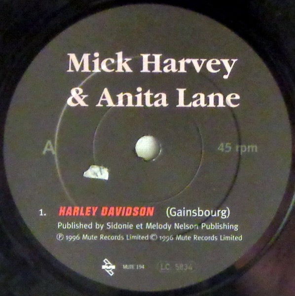 Image of Label Cover of 2214540C: 7" - MICK HARVEY & ANITA LANE, Harley Davidson (Mute; MUTE 194, UK 1996, Picture Sleeve, Numbered, Limited Edition.) No. 0614. Old price sticker on sleeve.  VG+/VG+