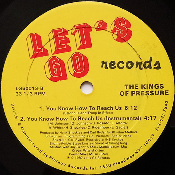 Image of Back Cover of 3544095S: 12" - THE KINGS OF PRESSURE, Give Me The Mike (Is This The End) / You Know How To Reach Us (Let's Go Records; LG60013, US 1987, Plain Sleeve, Wide Ring Labels) Lightest of marks.  /VG+