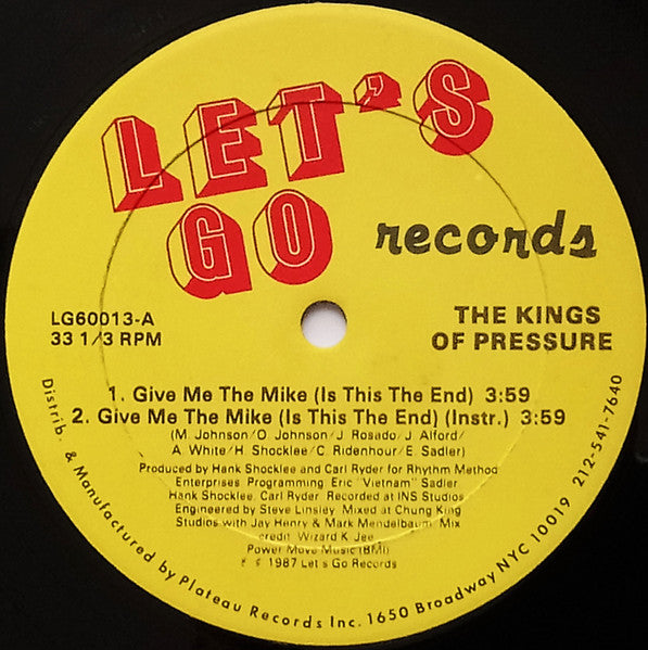 Image of Front Cover of 2224427E: 12" - THE KINGS OF PRESSURE, Give Me The Mike (Is This The End) / You Know How To Reach Us (Let's Go Records; LG60013, US 1987, Plain Sleeve, Wide Ring Labels) Light hairlines/marks only.  /VG