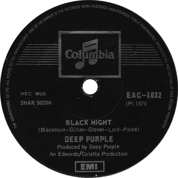 Image of Front Cover of 2254243S: 7" - DEEP PURPLE, Black Night (Columbia; EAC-1032, Singapore 1970, Solid Centre) VG++  /VG+