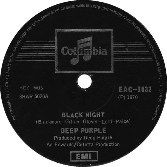 Image of Front Cover of 2254243S: 7" - DEEP PURPLE, Black Night (Columbia; EAC-1032, Singapore 1970, Solid Centre) VG++  /VG+