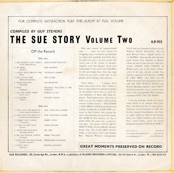 Image of Back Cover of LP - VG/G - VARIOUS, The Sue Story Volume Two (Sue Records; ILP-933, UK 1966, Laminated Flipback Sleeve, Mono), Laminate creases and spine pinching. Disc has lots of light marks.,  - 1216274C