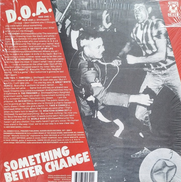 Image of Back Cover of 2334025E: LP - D.O.A., Something Better Change (Sudden Death Records; SDR-0025, Canada 2020 Reissue, Coke Bottle Clear Vinyl)   NEW/NEW