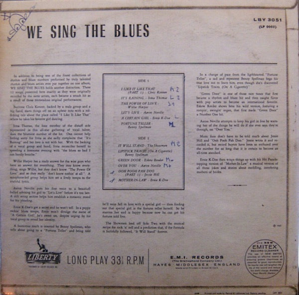 Image of Back Cover of 2214593C: LP - VARIOUS, We Sing The Blues (Liberty; LBY 3051, UK 1965 Reissue, Laminated Flipback Sleeve, Mono) Sleeve has some light wear at corners, reverse and opening. Number written in marker pen on inside of opening  VG+/G+