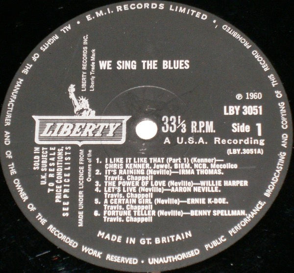 Image of Label Cover of 2214593C: LP - VARIOUS, We Sing The Blues (Liberty; LBY 3051, UK 1965 Reissue, Laminated Flipback Sleeve, Mono) Sleeve has some light wear at corners, reverse and opening. Number written in marker pen on inside of opening  VG+/G+