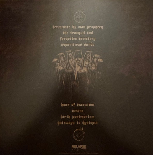 Image of Back Cover of 2314045C: LP - COFFINS, Beyond The Circular Demise (Relapse Records; RR7440, US 2024, Insert, Black Ice With Mustard, Halloween Orange And Oxblood Splatter Vinyl)   NEW/NEW