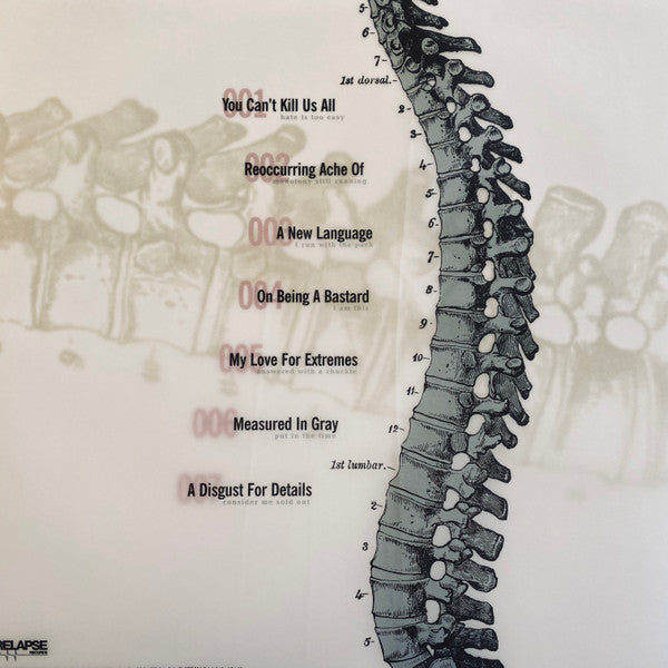 Image of Back Cover of 3834038E: LP - COALESCE, Functioning On Impatience (Relapse Records; RR7561, US 2024 Reissue, Inner, White w/ Metallic Gold, Metallic Silver, and Red Splatter Vinyl)   NEW/NEW