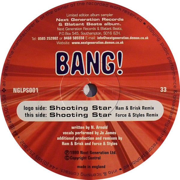 Image of Front Cover of 2244409S: 12" - BANG!, Shooting Star (Remixes) (Next Generation LP Samplers; NGLPS001, UK 1999)   /VG+