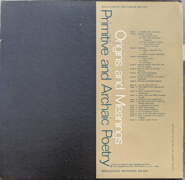 Image of Back Cover of 4844458S: LP - NO ARTIST, Origins and Meanings: Primitive And Archaic Poetry (Broadside Records; BR 651, US 1968, Folkways style sleeve)   VG+/VG