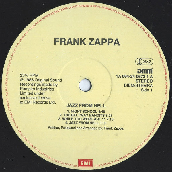 Image of Label Cover of 2344029S: LP - FRANK ZAPPA, Jazz From Hell (EMI; 064 24 0673 1, Europe 1986)   VG/VG