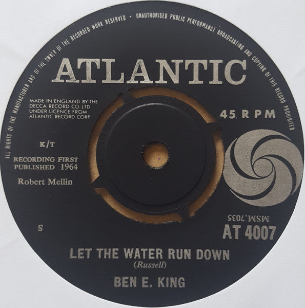 Image of Back Cover of 2314051C: 7" - BEN E. KING, It's All Over/ Let The Water Run Down (Atlantic; AT 4007, UK 1964, Plain sleeve, 4 prong centre) Lightest of marks.  /VG+