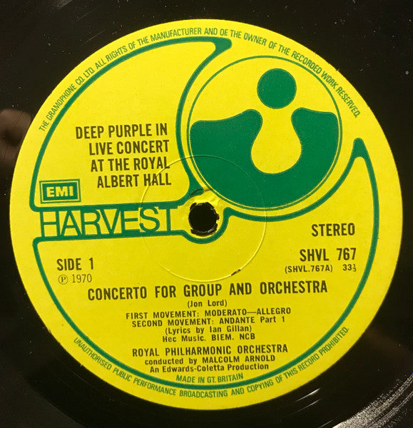 Image of Label Cover of 2324096E: LP - DEEP PURPLE AND THE ROYAL PHILHARMONIC ORCHESTRA CONDUCTED BY MALCOLM ARNOLD, Concerto For Group And Orchestra (Harvest Green, EMI On Rim, One EMI Box; SHVL 767, UK 1974 Reissue)   VG/VG+