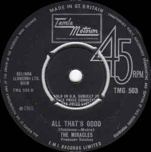 Image of Back Cover of 2314064C: 7" - THE MIRACLES, Ooh Baby Baby / All That's Good (Tamla Motown; TMG 503, UK 1965, Plain Sleeve) Light marks only.  /VG