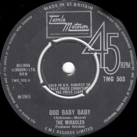 Image of Front Cover of 2314064C: 7" - THE MIRACLES, Ooh Baby Baby / All That's Good (Tamla Motown; TMG 503, UK 1965, Plain Sleeve) Light marks only.  /VG