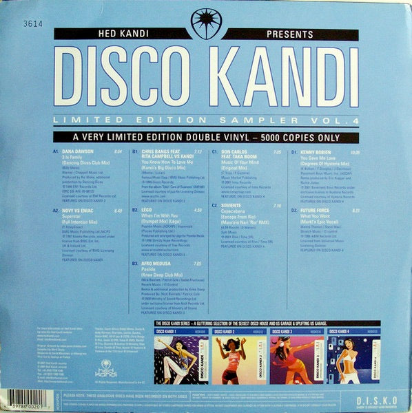 Image of Back Cover of 4614330C: 2xLP - VARIOUS, Hed Kandi Presents Disco Kandi (Limited Edition Sampler Vol. 4) (Hed Kandi; HEDKLP020, UK 2001, Numbered Limited Edition) Some light marks to discs.  VG/VG