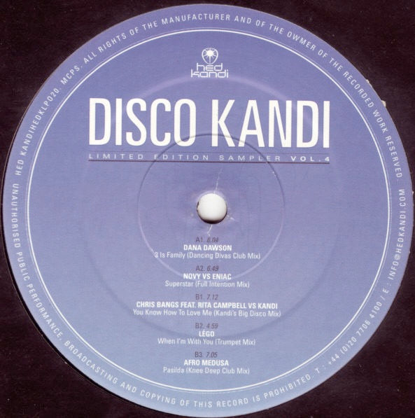 Image of Label Cover of 4614330C: 2xLP - VARIOUS, Hed Kandi Presents Disco Kandi (Limited Edition Sampler Vol. 4) (Hed Kandi; HEDKLP020, UK 2001, Numbered Limited Edition) Some light marks to discs.  VG/VG